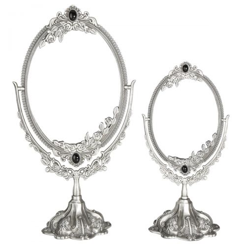  KINGFOM Antique Two Sided Swivel Oval Desktop Vanity Makeup Mirror with Embossed Roses and Mounted Beads for Home, Jewelry or Watches Cosmetics Showcase (Silver, Large)