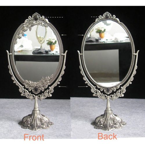  KINGFOM Antique Two Sided Swivel Oval Desktop Vanity Makeup Mirror with Embossed Roses and Mounted Beads for Home, Jewelry or Watches Cosmetics Showcase (Silver, Large)