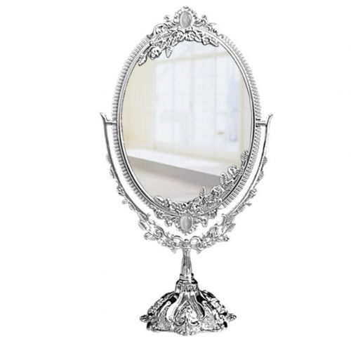  KINGFOM Antique Two Sided Swivel Oval Desktop Vanity Makeup Mirror with Embossed Roses and Mounted Beads for Home, Jewelry or Watches Cosmetics Showcase (Antique Pewter, Large)