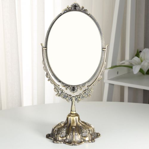  KINGFOM Antique Two Sided Swivel Oval Desktop Vanity Makeup Mirror Embossed Roses Mounted Beads Home, Jewelry Watches Cosmetics Showcase (Large, Bronze)