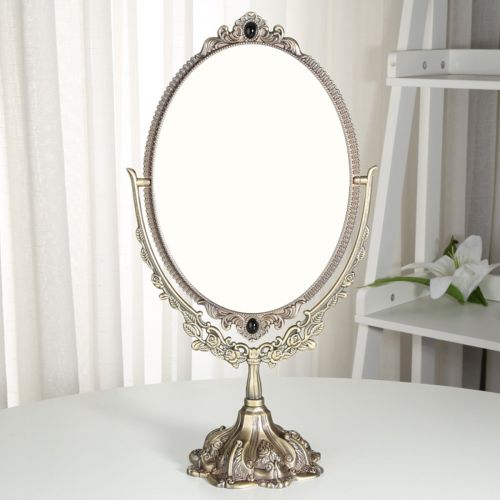  KINGFOM Antique Two Sided Swivel Oval Desktop Vanity Makeup Mirror Embossed Roses Mounted Beads Home, Jewelry Watches Cosmetics Showcase (Large, Bronze)