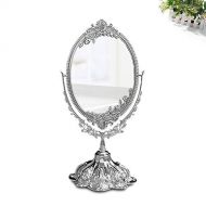 KINGFOM Silver Two Sided Swivel Oval Desktop Vanity Makeup Mirror with Embossed Roses and Mounted Beads for Home, Jewelry or Watches Cosmetics Showcase (Silvery ,Small)