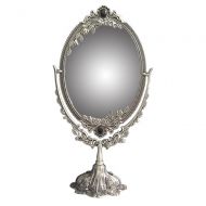 KINGFOM Antique Two Sided Swivel Oval Desktop Vanity Makeup Mirror with Embossed Roses and Mounted Beads for Home, Jewelry or Watches Cosmetics Showcase