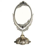 KINGFOM Antique Two Sided Swivel Oval Desktop Vanity Makeup Mirror with Embossed Roses and Mounted Beads for Home, Jewelry or Watches Cosmetics Showcase (Bronze, Standard)
