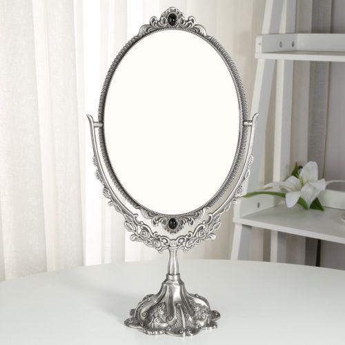  KINGFOM Antique Two Sided Swivel Oval Desktop Vanity Makeup Mirror with Embossed Roses and Mounted Beads for Home, Jewelry or Watches Cosmetics Showcase (Standard, Silver)