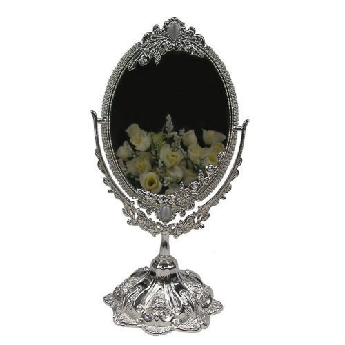  KINGFOM Antique Two Sided Swivel Oval Desktop Vanity Makeup Mirror with Embossed Roses and Mounted Beads for Home, Jewelry or Watches Cosmetics Showcase (Standard, Silver)