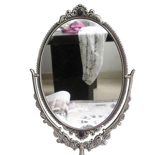  KINGFOM Antique Two Sided Swivel Oval Desktop Vanity Makeup Mirror with Embossed Roses and Mounted Beads for Home, Jewelry or Watches Cosmetics Showcase (Standard, Silver)