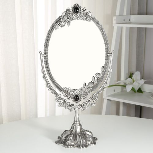  KINGFOM Antique Two Sided Swivel Oval Desktop Vanity Makeup Mirror with Embossed Roses and Mounted Beads for Home, Jewelry or Watches Cosmetics Showcase (Standard, Silver)