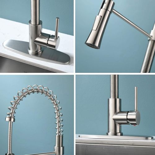  KINGO HOME Lead Free Pull Down Sprayer Brushed Nickel Stainless Steel Single Lever Handle Kitchen Faucet, Kitchen Sink Faucet with Deck Plate