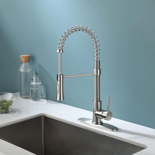  KINGO HOME Lead Free Pull Down Sprayer Brushed Nickel Stainless Steel Single Lever Handle Kitchen Faucet, Kitchen Sink Faucet with Deck Plate