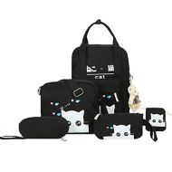 KINGREE Set of 5 Backpack, Teens School Bag Set Canvas Girls School Backpacks, Cute Small Cat Bookbags (S Cat, Black)