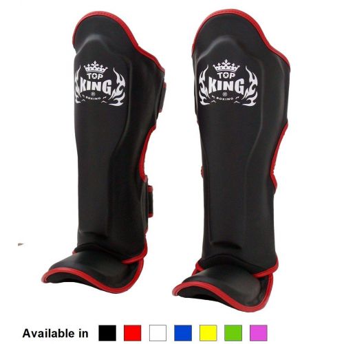  KINGTOP Top King Muay Thai Shin Pads TKSGP GL Shin Guards Pro Genuine Leather - Black White Red Blue Green Pink size: S M L XL, Shin Protection for Muay Thai Kick Boxing MMA K1 (Black wre