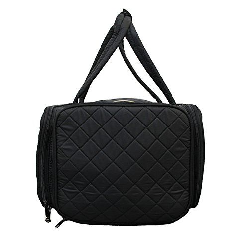  KIOTA Kiota Quilted Tote Beauty Duffel Bag With 4 Side Compartments Ideal for Cosmetic Bottles Brushes Accessories (Black)