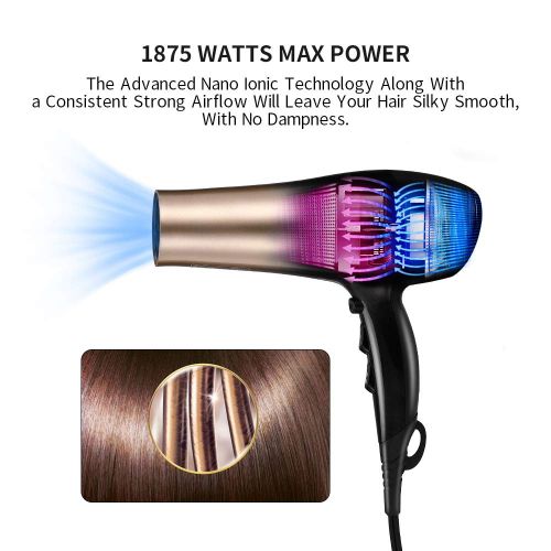  [아마존 핫딜] [아마존핫딜]KIPOZI 1875W Hair Dryer, Nano Ionic Blow Dryer Professional Salon Hair Blow Dryer Lightweight Fast Dry Low Noise, with Concentrator, Diffuser, 2 Speed and 3 Heat Settings