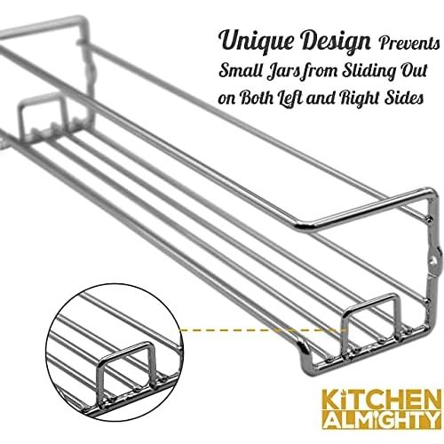  KITCHEN ALMIGHTY Spice Racks Organizer For Cabinet Door Mount, Wall Mounted: Unique Racks Design to Secure Jars - Set of 4 Spices & Seasoning Chrome Hanging Shelf Kit - Storage in Kitchen, Pantry,