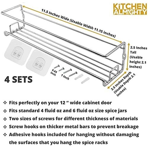  KITCHEN ALMIGHTY Spice Racks Organizer For Cabinet Door Mount, Wall Mounted: Unique Racks Design to Secure Jars - Set of 4 Spices & Seasoning Chrome Hanging Shelf Kit - Storage in Kitchen, Pantry,