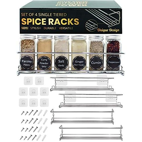  KITCHEN ALMIGHTY Spice Racks Organizer For Cabinet Door Mount, Wall Mounted: Unique Racks Design to Secure Jars - Set of 4 Spices & Seasoning Chrome Hanging Shelf Kit - Storage in Kitchen, Pantry,