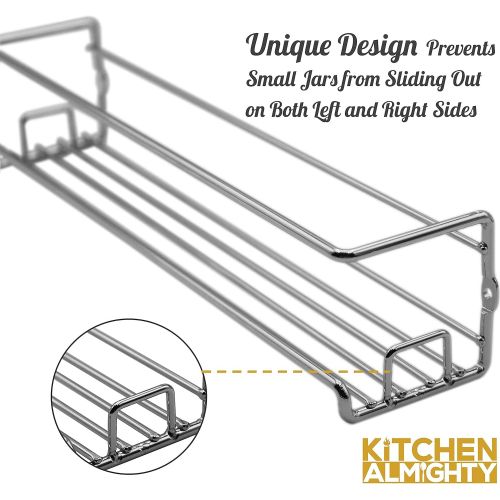  KITCHEN ALMIGHTY Spice Racks Organizer For Cabinet Door Mount, Wall Mounted: Unique Racks Design to Secure Jars - Set of 4 Spices & Seasoning Chrome Hanging Shelf Kit - Storage in Kitchen, Pantry,