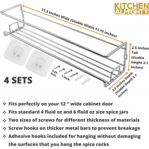  KITCHEN ALMIGHTY Spice Racks Organizer For Cabinet Door Mount, Wall Mounted: Unique Racks Design to Secure Jars - Set of 4 Spices & Seasoning Chrome Hanging Shelf Kit - Storage in Kitchen, Pantry,