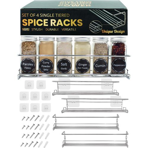  KITCHEN ALMIGHTY Spice Racks Organizer For Cabinet Door Mount, Wall Mounted: Unique Racks Design to Secure Jars - Set of 4 Spices & Seasoning Chrome Hanging Shelf Kit - Storage in Kitchen, Pantry,