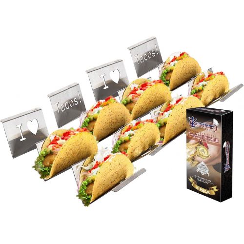  4-Pack Stainless Steel Taco Holder Stand - Wider & Stylish Taco Truck Trays, Holds up to 3 Tacos Each for Soft & Hard Shell Tacos, Hotdogs - Rust Proof, Oven, Grill & Dishwasher Sa