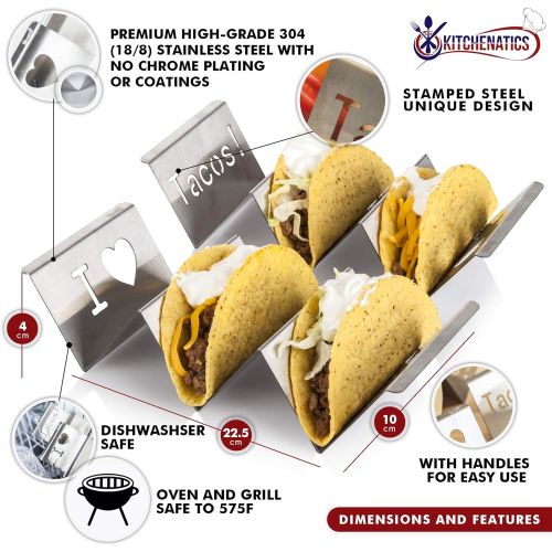  4-Pack Stainless Steel Taco Holder Stand - Wider & Stylish Taco Truck Trays, Holds up to 3 Tacos Each for Soft & Hard Shell Tacos, Hotdogs - Rust Proof, Oven, Grill & Dishwasher Sa