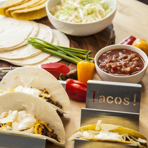  4-Pack Stainless Steel Taco Holder Stand - Wider & Stylish Taco Truck Trays, Holds up to 3 Tacos Each for Soft & Hard Shell Tacos, Hotdogs - Rust Proof, Oven, Grill & Dishwasher Sa