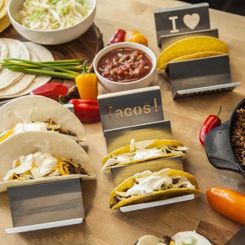  4-Pack Stainless Steel Taco Holder Stand - Wider & Stylish Taco Truck Trays, Holds up to 3 Tacos Each for Soft & Hard Shell Tacos, Hotdogs - Rust Proof, Oven, Grill & Dishwasher Sa