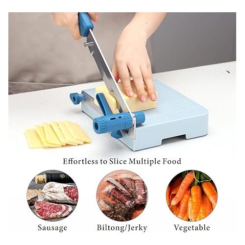  KITCHENDAO Multipurpose Cheese Slicer Cutter with Board for Arthritic and Weak Hands, Adjustable Thickness Dial for Block Cheese, Effortless Slicing, Guillotine Sausage Ham Biltong Jerky Slicer