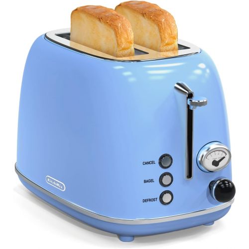  Toaster 2 slice, KitchMix Retro Stainless Steel Toaster with 6 Settings, 1.5 In Extra Wide Slots, Bagel/Defrost/Cancel Function, Removable Crumb Tray (Blue)