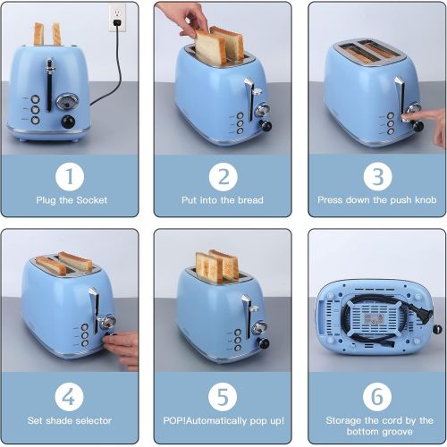  Toaster 2 slice, KitchMix Retro Stainless Steel Toaster with 6 Settings, 1.5 In Extra Wide Slots, Bagel/Defrost/Cancel Function, Removable Crumb Tray (Blue)