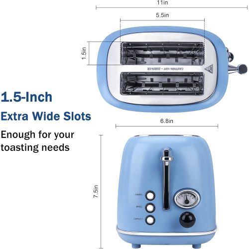  Toaster 2 slice, KitchMix Retro Stainless Steel Toaster with 6 Settings, 1.5 In Extra Wide Slots, Bagel/Defrost/Cancel Function, Removable Crumb Tray (Blue)