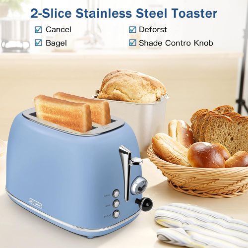  Toaster 2 slice, KitchMix Retro Stainless Steel Toaster with 6 Settings, 1.5 In Extra Wide Slots, Bagel/Defrost/Cancel Function, Removable Crumb Tray (Blue)