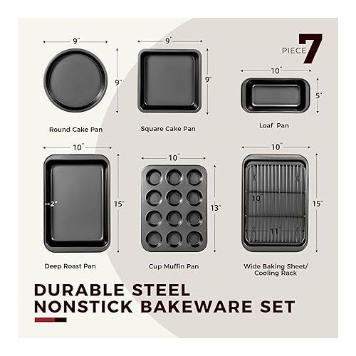  KITESSENSU Baking Pans Sets, Nonstick Bakeware Sets 7-Piece with Round/Square Cake Pan, Loaf Pan, Muffin Pan, Cookie Sheet, Roast Pan, Cooling Rack, Carbon Steel Bake Set