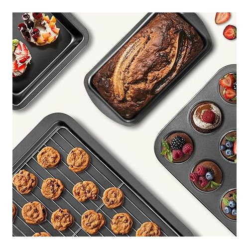  KITESSENSU Baking Pans Sets, Nonstick Bakeware Sets 7-Piece with Round/Square Cake Pan, Loaf Pan, Muffin Pan, Cookie Sheet, Roast Pan, Cooling Rack, Carbon Steel Bake Set