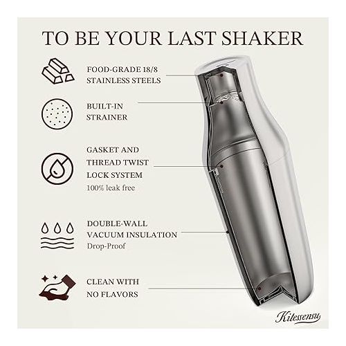  Kitessensu Hybrid Cocktail Shaker | Vacuum Insulated Stainless Steel Martini Shaker with Double Wall Martini Cup | Integrated Measuring System | Tumbler Lid & Cocktail Recipes Included | Silver