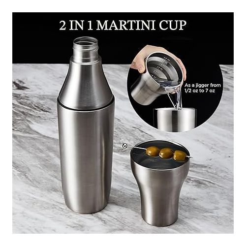  Kitessensu Hybrid Cocktail Shaker | Vacuum Insulated Stainless Steel Martini Shaker with Double Wall Martini Cup | Integrated Measuring System | Tumbler Lid & Cocktail Recipes Included | Silver