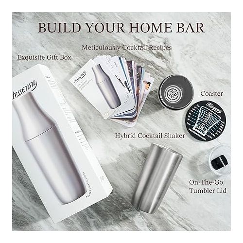  Kitessensu Hybrid Cocktail Shaker | Vacuum Insulated Stainless Steel Martini Shaker with Double Wall Martini Cup | Integrated Measuring System | Tumbler Lid & Cocktail Recipes Included | Silver