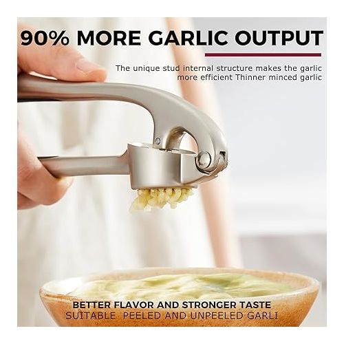  Kitessensu High Effective Garlic Press With Studs, Heavy Duty Garlic Mincer, Easy to Squeeze and Clean, Rust Proof & Dishwasher Safe, Ginger Crusher- Imperial Silver