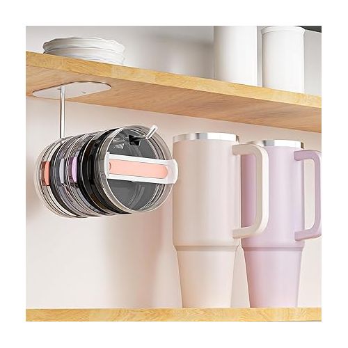  2 Pack Tumbler Lid Organizer, Space Saving Cup Lid Organizer for Yeti Tumbler/Stanley Tumbler/Simple Modern Tumbler Lids, Self-Adhesive or Drilling Tumbler Lid Hook for Kitchen Organizers and Storage