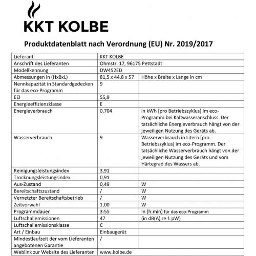  [아마존베스트]KKT KOLBE Under-mountable dishwasher / partially integrated dishwasher / 45 cm / stainless steel / AquaStop / height-adjustable upper basket / 7 rinsing programs / 9 place settings