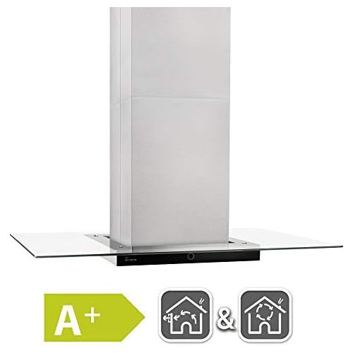  [아마존베스트]KKT KOLBE Premium Island Hood 90 cm Stainless Steel Clear Glass Extra Quiet Energy Class A + 9 Levels LED Lighting Display Touch Select Sensor Buttons