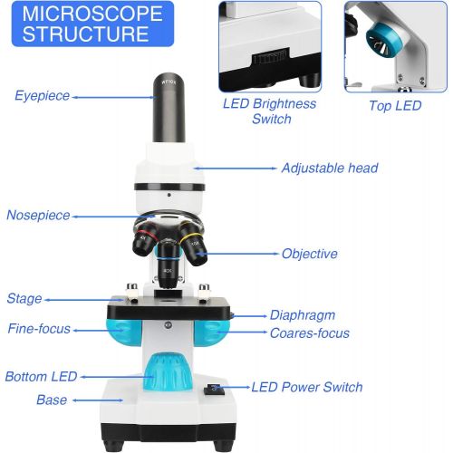  [아마존베스트]KKTECT 100x-2000x Microscope Kit for Kids & Students, Lab Microscope Kit for Beginners with Led Lights, Microscope Science Kit with Detailed Operating Instructions, Complete Science Acces