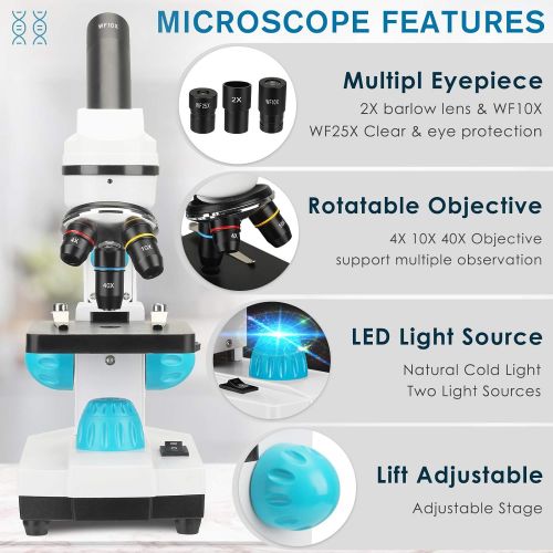  [아마존베스트]KKTECT 100x-2000x Microscope Kit for Kids & Students, Lab Microscope Kit for Beginners with Led Lights, Microscope Science Kit with Detailed Operating Instructions, Complete Science Acces