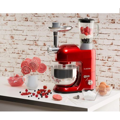  [아마존베스트]KLARSTEIN Lucia Rossa Kitchen Machine  Multi-function Stand Mixer  1300 Watts  5.3 qt Bowl  1.3 qt Mixing Glass  Meat Grinder  Pasta Maker  Blender  Red