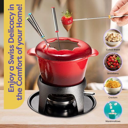  KLEE UTENSILS Klee 12-Piece Cast Iron Fondue Set with Red Fondue Pot, 6 Fondue Forks, Fondue Burner and Fondue Pot Base, 44 oz