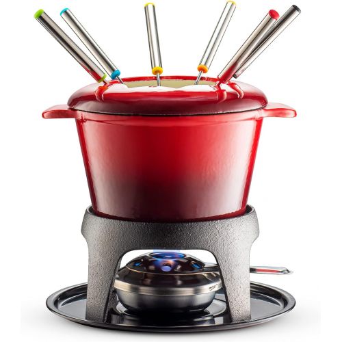  KLEE UTENSILS Klee 12-Piece Cast Iron Fondue Set with Red Fondue Pot, 6 Fondue Forks, Fondue Burner and Fondue Pot Base, 44 oz