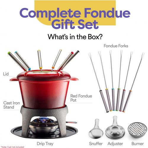  KLEE UTENSILS Klee 12-Piece Cast Iron Fondue Set with Red Fondue Pot, 6 Fondue Forks, Fondue Burner and Fondue Pot Base, 44 oz