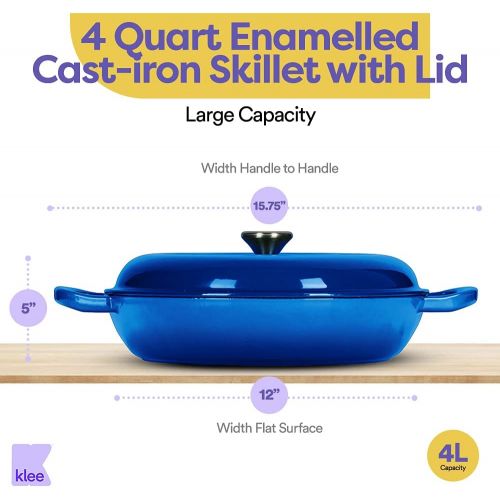  [아마존베스트]KLEE UTENSILS Klee Enameled Cast Iron Covered Casserole Dish with Lid, 3.8 Qt, 12-inch (Blue)