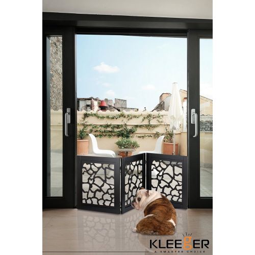  KLEEGER Kleeger KLG-195 Wooden Pet Gate, Foldable & Freestanding, For Indoor Home & Office Use. Keeps Pets Safe [ Zebra Pattern Decorative Design]. Easy Set Up, No Tools Required - Black